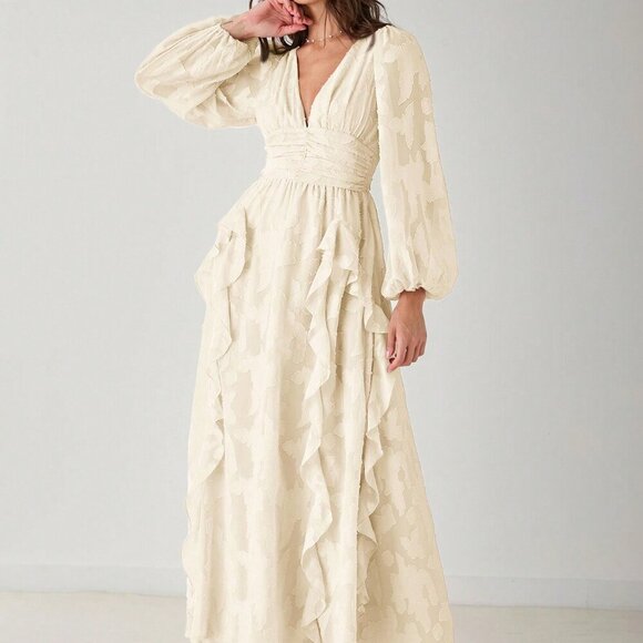 Apricot Elegant Women's Romantic V-Neck Ruffle Long Sleeve Maxi Dress - Picture 7 of 8